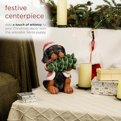Alpine Corporation 12" Tall Puppy Christmas Statue with Santa Coat and Pine Tree, Weather-Resistant Resin Figurine, Indoor/Outdoor Holiday Decoration for Porch or Entryway