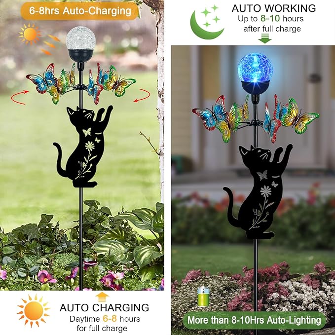 Solar Lights Yard Stakes-Butterfly Wind Spinners,Metal Black Cat Garden Decor with Color Changing LED for Patio,Pathway,Lawn,Walkway,Outdoor Decorative