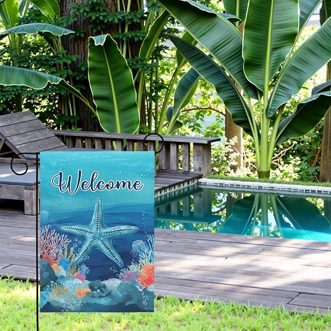 Welcome Coastal Garden Flag with Starfish Ocean Theme Summer Beach Yard Flags Nautical Sea Life Outdoor House Banner for Yard Lawn Patio Porch Pool Rusitc Seasonal Home Decor 12x18 Inch