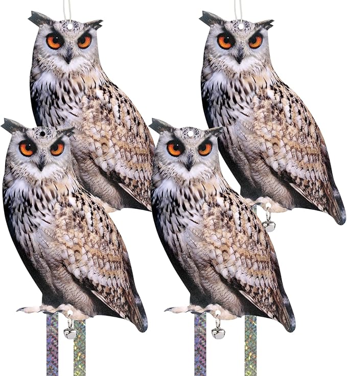 4PCS Fake Owls Plastic Owl Hanging Flat Garden Owl with Reflective Tape for Balcony House Windows Outside Porch Yard Decor