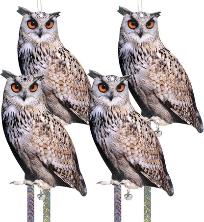 4PCS Fake Owls Plastic Owl Hanging Flat Garden Owl with Reflective Tape for Balcony House Windows Outside Porch Yard Decor