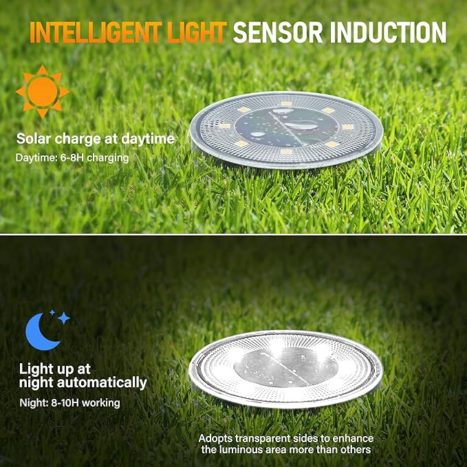 Siatom Solar Ground Lights 8 Pack, IP68 Waterproof Solar In-Ground Light for Outdoor, Flat Landscape Lighting, Garden Disc Light for Pathway, Walkway, and Yard - 8 Pcs (Cool White)