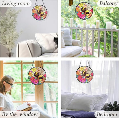 kdqua Bee Floral Suncatcher Stained Glass Window Hanging, Colorful Floral Bumblebee Sun Catchers Indoor Window Glass Round Wall Decor, Bee Wall Art Hanging Decorations Statues, 7.9x7.9in
