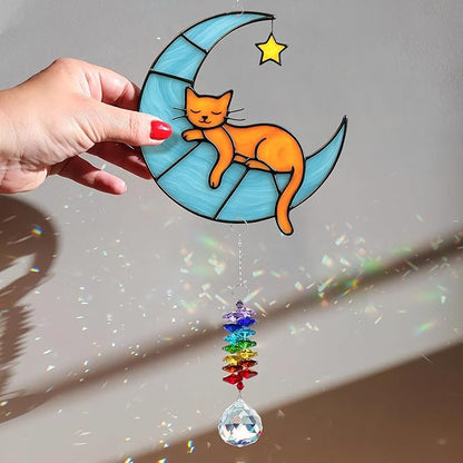 Orange Cat Suncatcher – Cute Orange Cats Hanging on Crescent Moon – Tabby Cat Gifts for Women, Home Window or Garden Decor