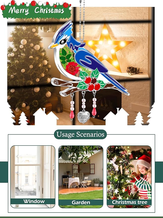 KY&BOSAM Blue Bird Suncatcher My Precious Sister Gift Glass Sun Catchers for Window Hainging Wind Chime Ornament with Real Flower and Metal Charm Birthday Gifts for Women Sister Mother's Day Christmas