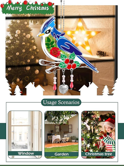 KY&BOSAM Blue Bird Suncatcher My Precious Sister Gift Glass Sun Catchers for Window Hainging Wind Chime Ornament with Real Flower and Metal Charm Birthday Gifts for Women Sister Mother's Day Christmas