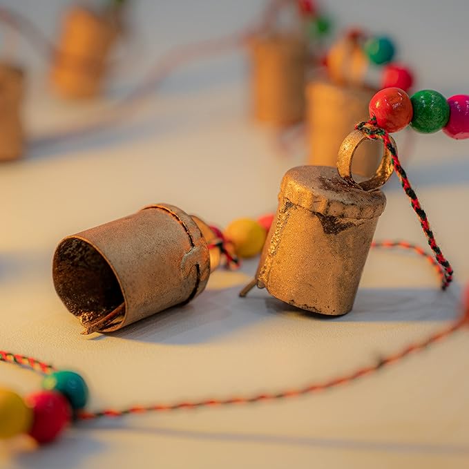 Set of 2 Rustic Vintage Bell hangings for Home Decor Wall Door Christmas New Year Decoration Garden - 5 Handmade Bells in a String with Beads. Wind Chime Bell Chime Cow Cat Cattle Bells Gifting