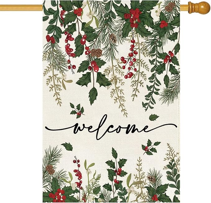Baccessor Christmas House Flag 28x40 Inch Double Sided Poinsettia Holly Red Berries Floral Welcome Winter Lage Garden Flag Farmhouse Vintage Outside Outdoor Yard Holiday Decoration