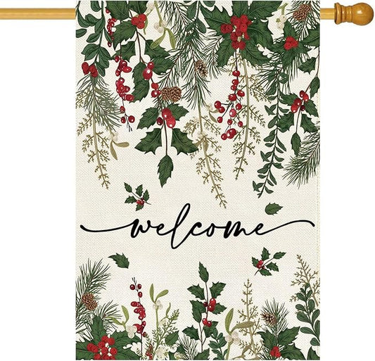 Baccessor Christmas House Flag 28x40 Inch Double Sided Poinsettia Holly Red Berries Floral Welcome Winter Lage Garden Flag Farmhouse Vintage Outside Outdoor Yard Holiday Decoration