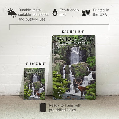 Lantern Press Cuyahoga Valley National Park, Ohio, Deer and Falls, 12x18 Inch Aluminum Sign, Indoor or Outdoor Use