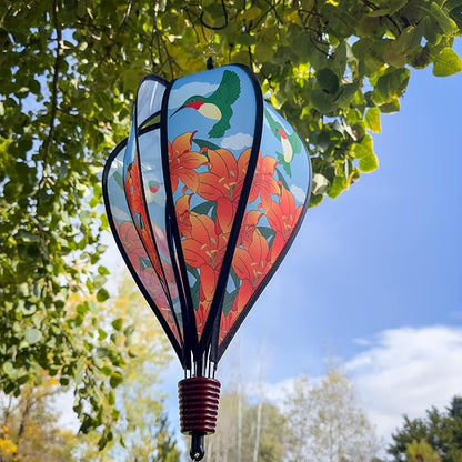 In the Breeze Hummingbird Lily 6-Panel Kinetic Hot Air Balloon Wind Spinner,11" W x 17" H, 26" Tail,1059