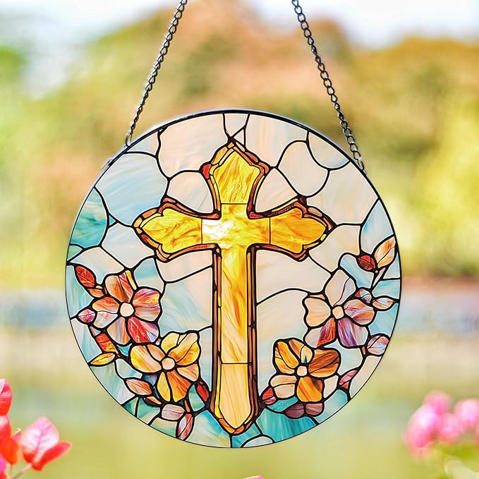 Stained Glass Cross Sun Catcher - 8'' Handcrafted Suncatcher for Window Home Decor, Symbolizing Faith, Hope, and Light, Perfect for Spiritual Spaces, Weddings, and Religious Celebrations (F)