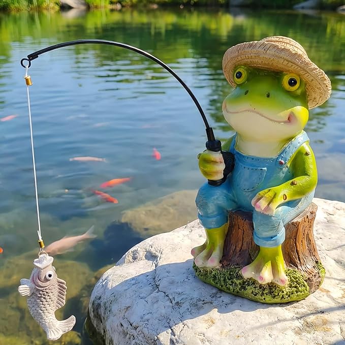 Frog Fisherboy Statue | Outdoor Garden Decor, Resin Animal Statue, Pond Ornaments, Poolside Garden Decor, Koi Fish Pond, Unique Fisherman Gifts