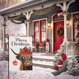 Merry Christmas Garden Flag Highland Cow with Santa Ball Premium Yard Flags Red Holly Flowers Double Sided House Banners Xmas Cows Seasonal Happy Holiday Farmhouse Banner 12x18 Inch