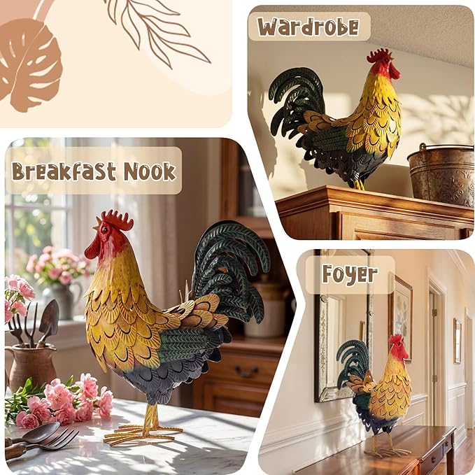 Zhengmy Metal Rooster Garden Statue Lifelike Colorful Metal Rooster Yard Decor Hand-Painted Iron Chicken Sculpture for Patio Lawn Backyard Farmhouse Outdoor Indoor Decoration(Multicolor)