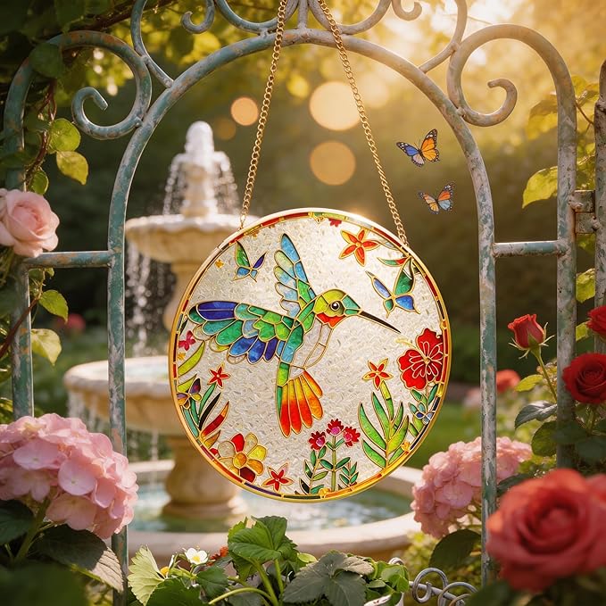 LITIVY Stained Glass Suncatcher Spring Flowers & Hummingbird, 8 Inch Handmade Multi-Color Window Hanging Decor for Garden, Sun Catcher Home Decor for Women