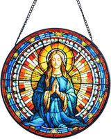 Virgin Mary Stained Glass Window Hanging, 8''/20CM Virgin Mary Suncatchers for Windows Christian Decorative Hanging Ornaments Stained Glass for Chirstmas Suncatcher Window Panel Gift Home Decor