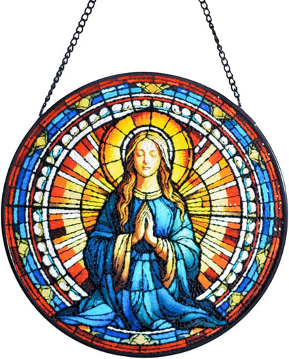 Virgin Mary Stained Glass Window Hanging, 8''/20CM Virgin Mary Suncatchers for Windows Christian Decorative Hanging Ornaments Stained Glass for Chirstmas Suncatcher Window Panel Gift Home Decor