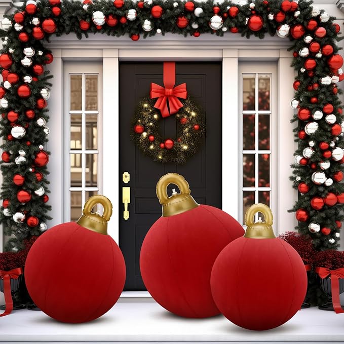 Jenaai 3 Pcs Giant Velvet Christmas Inflatable Ball Ornament Large PVC Christmas Inflatable Balls 3 Size 24" 20" 18" Xmas Hanging Ornaments Outdoor Decor for Lawn Porch Yard(Red)