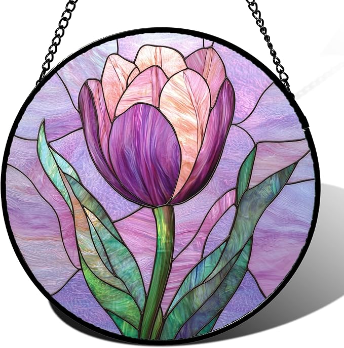 DASTOLL Stained Glass Window Hanging Purple Tulips Flower 9.8" - Suncatcher Door Garden Sun Catcher Home Decor Birthday Mother's Day for Mom Men Woman Parents Her Nana Friend