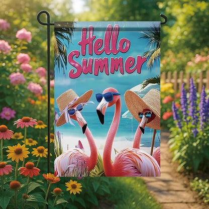 Summer Garden Flag 12x18 Inch Flamingo Hello Summer Tropical Beach Ocean Palm Tree Design Outdoor Yard Porch Lawn Patio Poolside for Seasonal Coastal Farmhouse Home Decor