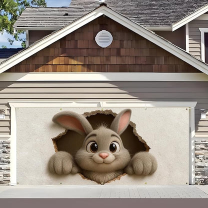 Easter Garage Door Banner Cover, Cute Bunny Wall-Breaking Spring Party Backdrop Decor, Garage Door Cover For Outdoor Yard Holiday Decoration