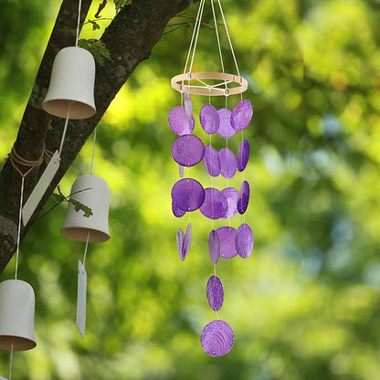 2 Pack Capiz Wind Chimes for Outside, Outdoor Seashell Hanging Beach Coast Ocean Home Decorative, Unique Natural Shell Waterfall Windchimes for Summer Patio, Great Memorial Sympathy Gift（Purple