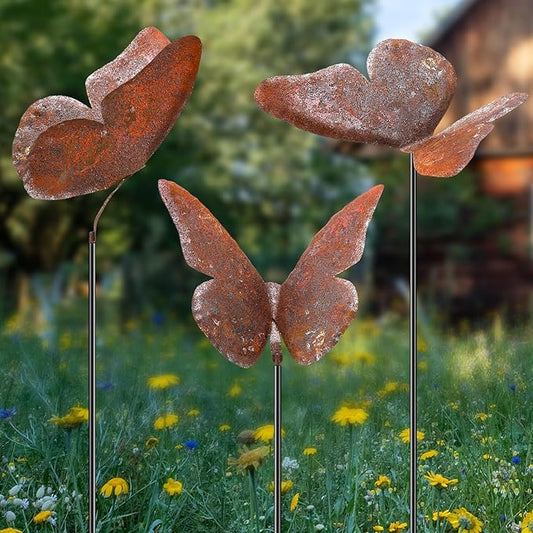 Weysat 3 Pack Butterfly Garden Stake Decor 28 Inch Metal Yard Art Butterflies Stakes for Women Mom Ornaments Outdoor Decorative Patio Lawn Decor (Rutic Color)