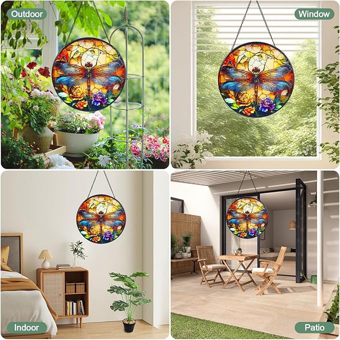 Dragonfly Stained Glass Window Hanging Suncatcher with Chain - 7.9" Outdoor/Indoor Art Decor for Home Garden, Wedding, Mother's, Dad's, Valentine's, Birthday, & Christmas Ornaments Present