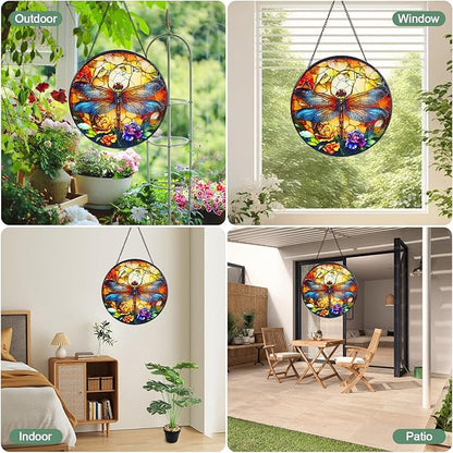 Dragonfly Stained Glass Window Hanging Suncatcher with Chain - 7.9" Outdoor/Indoor Art Decor for Home Garden, Wedding, Mother's, Dad's, Valentine's, Birthday, & Christmas Ornaments Present