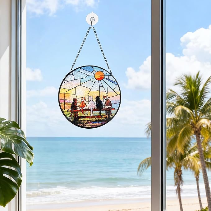 Stained Glass Window Hanging, Cat and Sunset Circular Painted Glass Suncatcher with Chain & Suction Cup for Home Garden Door Decor, Birthday for Women Men Mom 7.8 in