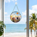 Stained Glass Window Hanging, Cat and Sunset Circular Painted Glass Suncatcher with Chain & Suction Cup for Home Garden Door Decor, Birthday for Women Men Mom 7.8 in