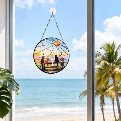 Stained Glass Window Hanging, Cat and Sunset Circular Painted Glass Suncatcher with Chain & Suction Cup for Home Garden Door Decor, Birthday for Women Men Mom 7.8 in