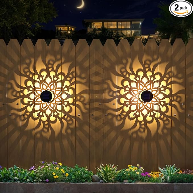 Solar Fence Lights 2 Pack Outdoor Deck Step Wall Lights Metal Waterproof LED Warm Yellow Light for Garden Post Patio Backyard Yard Decor (Mandala-2, 2)