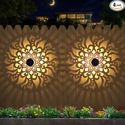 Solar Fence Lights 4 Pack Outdoor Deck Step Wall Lights Metal Waterproof LED Warm Yellow Light for Garden Post Patio Backyard Yard Decor (Mandala-2, 4)