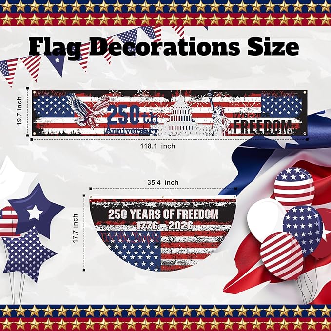 Chumia 5 Pcs USA 250th Anniversary Decoration Set Include 4 Patriotic Fan Banners 1 Large Fence Banner 1776-2026 Semiquincentennial Outdoor Bunting for 4th of July, Memorial Day, Patriotic Party Decor