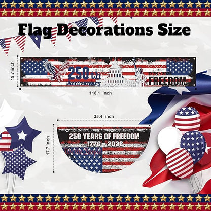 Chumia 5 Pcs USA 250th Anniversary Decoration Set Include 4 Patriotic Fan Banners 1 Large Fence Banner 1776-2026 Semiquincentennial Outdoor Bunting for 4th of July, Memorial Day, Patriotic Party Decor