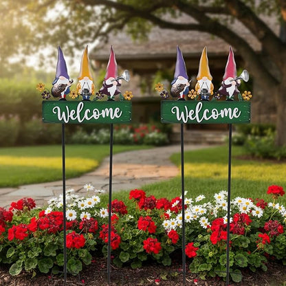 Spring Gnomes Decorations for Yard with Garden Welcome Sign, Large 43.3inch Musical Gnome Decorative Garden Stakes Metal Yard Art for Outdoor Lawn Decorations