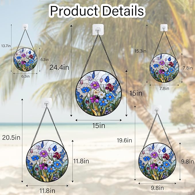 Stained Glass Window Hanging Blue Purple Wildflowers Large 15" - Suncatcher Door Garden Sunroom Sun Catcher Home Decor Birthday Christmas for Mom Men Woman Nana Friend