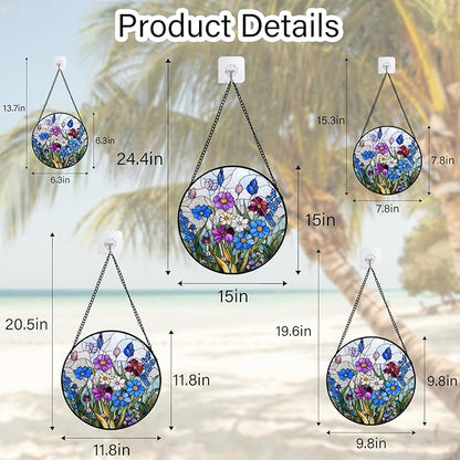 Stained Glass Window Hanging Blue Purple Wildflowers 9.8" - Suncatcher Door Garden Sunroom Sun Catcher Home Decor Birthday Christmas for Mom Men Woman Nana Friend