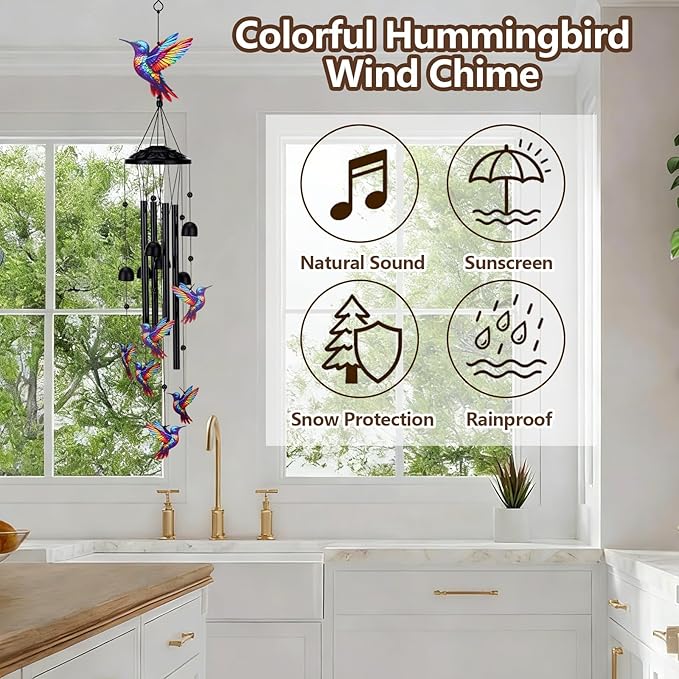 Hummingbird Wind Chimes for Outside Black Metal Windchimes Outdoors Hummingbirds Gifts for Women/Men Garden/Yard Decor Memorial/Birthday Gifts for Grandma/Mom Durable Chimes for Outdoors