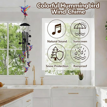 Hummingbird Wind Chimes for Outside Black Metal Windchimes Outdoors Hummingbirds Gifts for Women/Men Garden/Yard Decor Memorial/Birthday Gifts for Grandma/Mom Durable Chimes for Outdoors