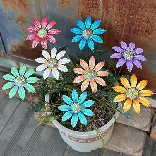 HUTHDAK Metal Flowers for Outside,8 Pack 16.15" Decorative Garden Stakes with Swaying Flowers Head Yard Art,Spring Garden Decor for Lawn, Pathway & Garden