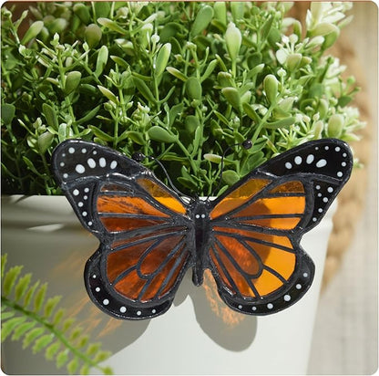 Lolitarcrafts Stained Glass Butterfly Suncatcher-Monarch or Luna Moth Design for Indoor and Outdoor Plant Decoration,Colorful Glass Plant Pot Ornament, Plant Lovers Gifts (Orange Monarch)