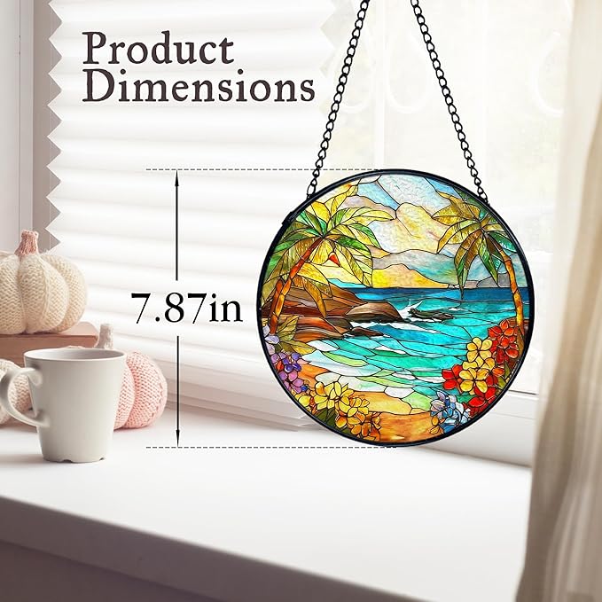 kdqua Tropical Beach Suncatcher Stained Glass Window Hanging, Coastal Ocean Beach Sun Catchers Indoor Window Glass Round Wall Decor, Beachy Wall Art Hanging Decorations Statues, 7.9x7.9in