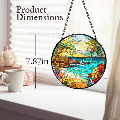 kdqua Tropical Beach Suncatcher Stained Glass Window Hanging, Coastal Ocean Beach Sun Catchers Indoor Window Glass Round Wall Decor, Beachy Wall Art Hanging Decorations Statues, 7.9x7.9in