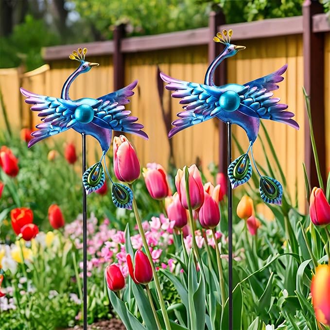 WONDER GARDEN Wind Spinners Outdoor - 2 Pack Small Metal Blue Peacock Wind Spinner Windmill, Wind Sculpture for Yard Patio Lawn Decor