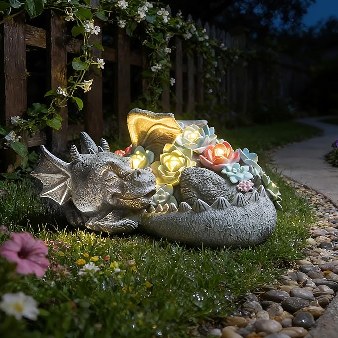 Garden Dragon Statue Outdoor Decor, Coiled Sleeping Dragon Figurine with Solar Light Succulent, Waterproof Resin Garden Sculpture for Outside Lawn Patio Yard Ornament Gifts