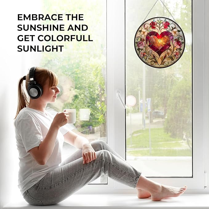 Valentine Heart Stained Glass Suncatcher 4 Season Colorful Window Wall Ornament Hand-Painted Glass Panel Decor Gift for Women Christmas Thanksgiving Gift 6.3"