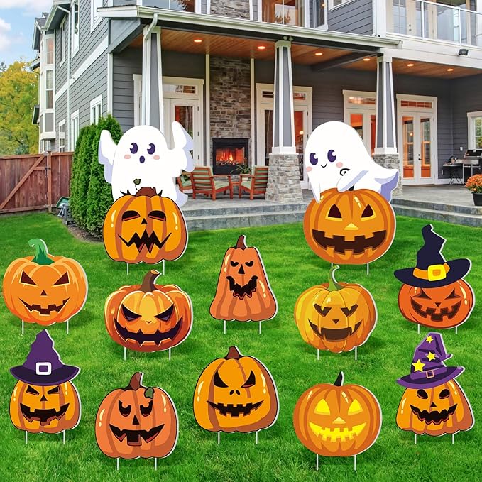 Amyhill 12 Pcs Halloween Pumpkin Yard Signs for Outdoor Halloween Ghost Jack O Pumpkin with Witch Hats Lawn Stakes Spooky Trick or Treat Yard Decorations for Garden Prop Home Party Decor